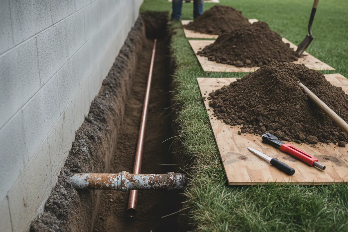 Excavated water line trench during Water Heater Repair in Drummonds